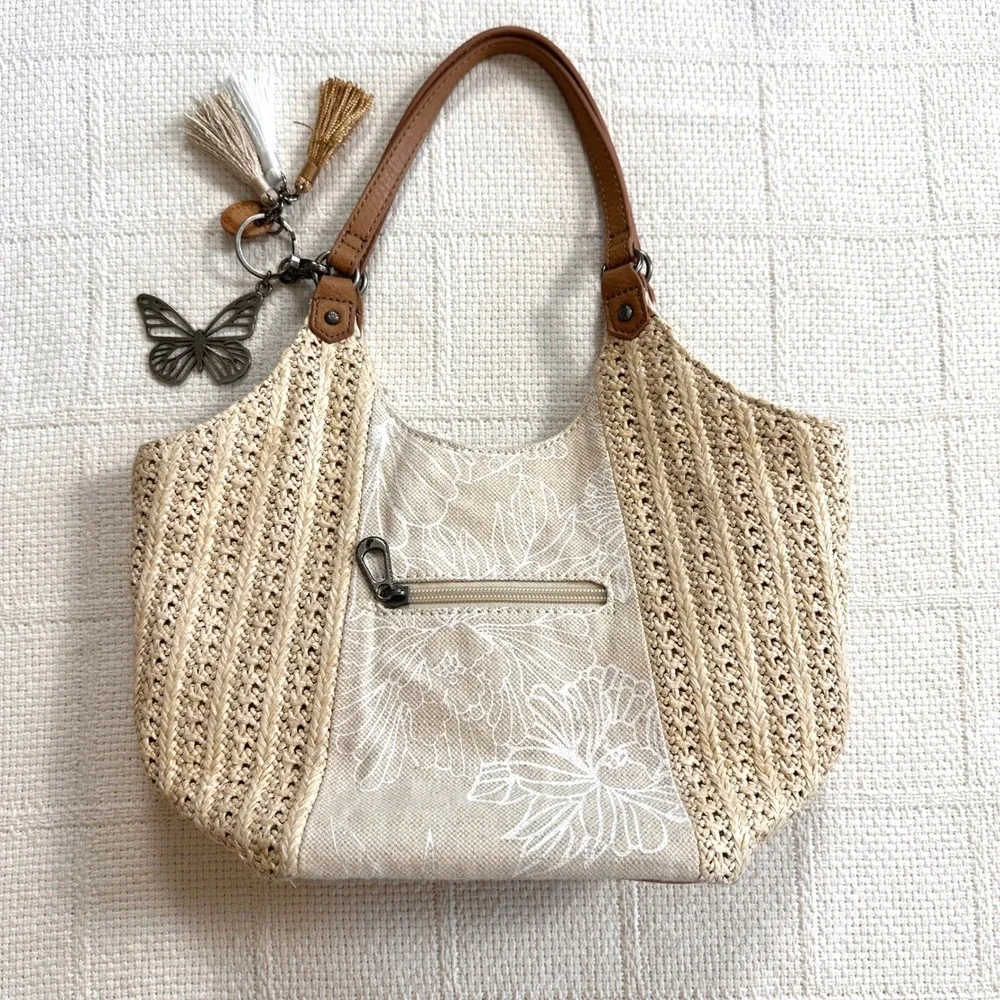 Sakroots Roma Straw Canvas Floral Boho Shoulder Bag Butterfly Charm Tan Medium